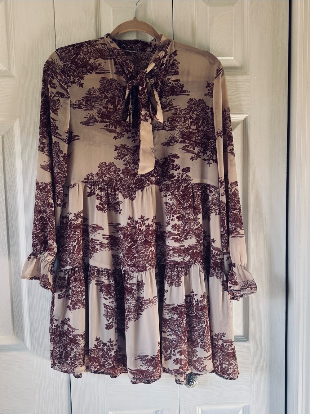 Beige and Brown Tie-Neck Tiered Women’s Dress